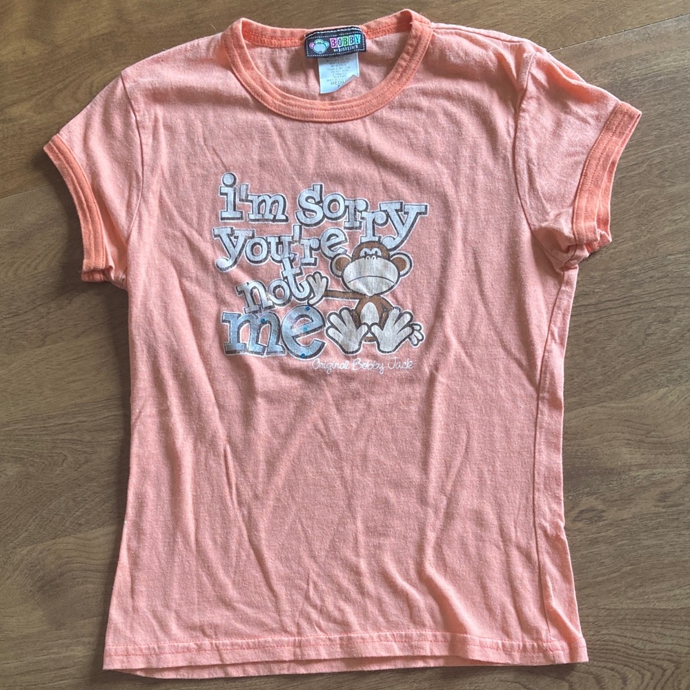 Girls' Peach Graphic Tee with Monkey Slogan - Casual Short Sleeve